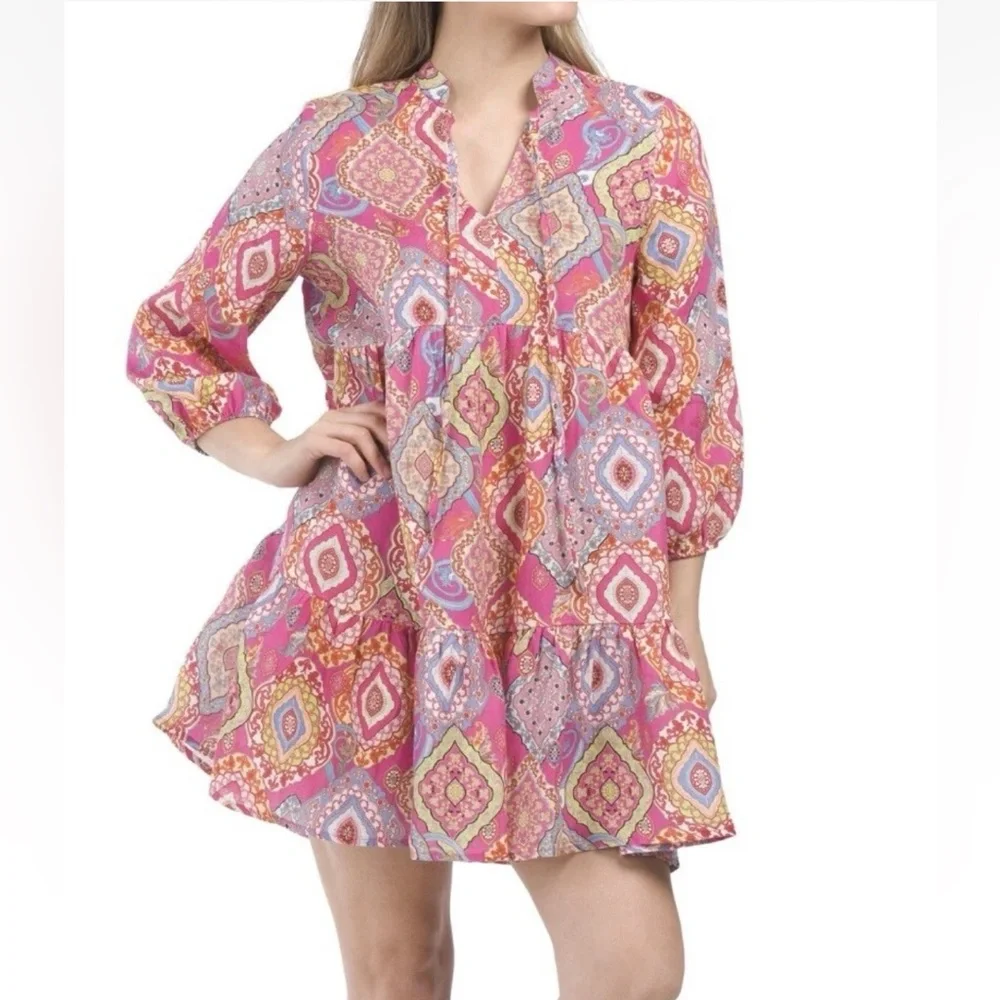 Le Ragazze Paisley 100% Linen Mini Dress Made In Italy Size M - Picture 1 of 8